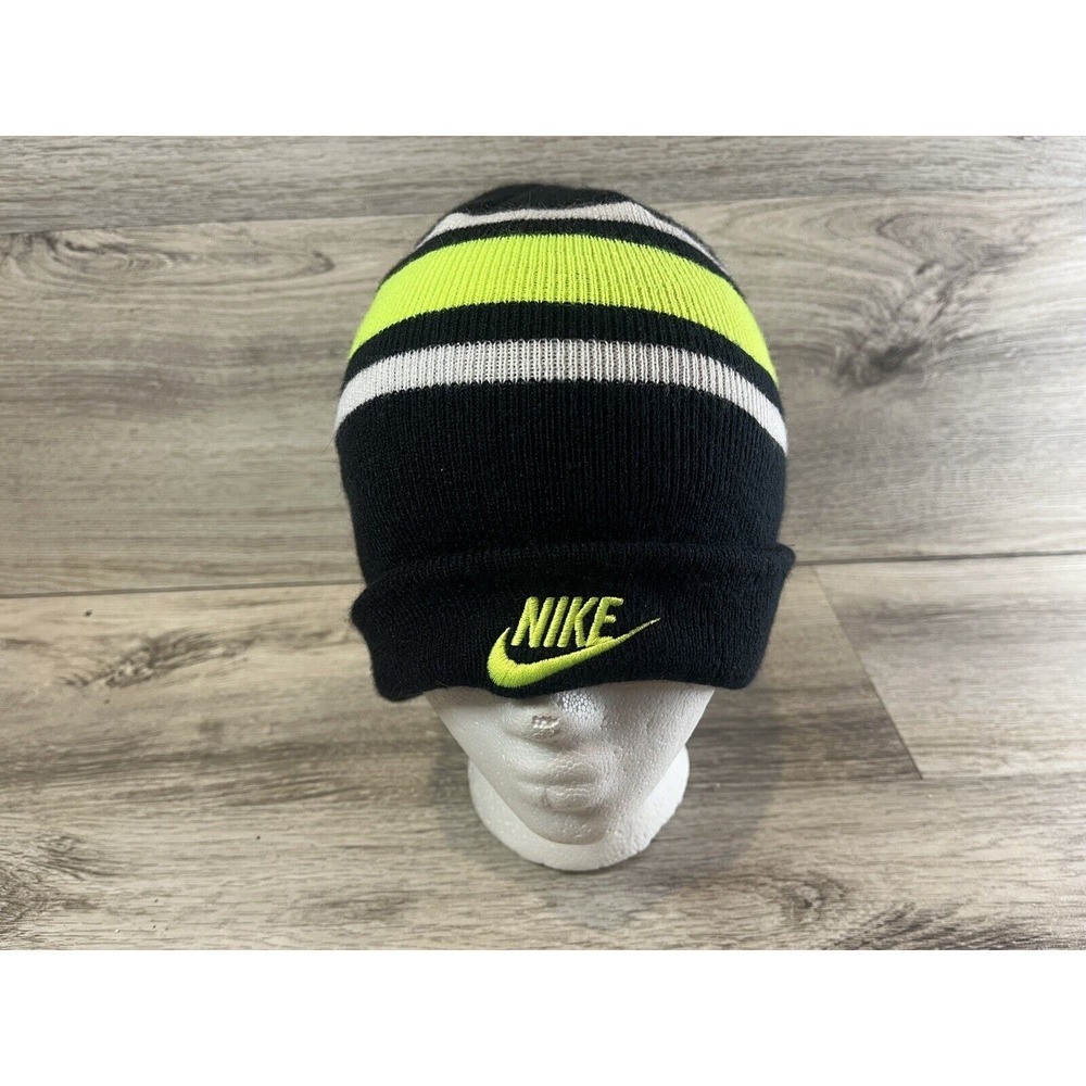 Vintage Y2K Nike Beanie Hat Cap Youth Cuffed Yellow Black Winter Comfort